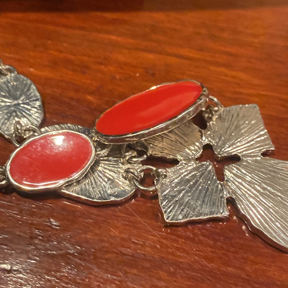 Silver Tone And Red Enamel Statement Necklace - image 5
